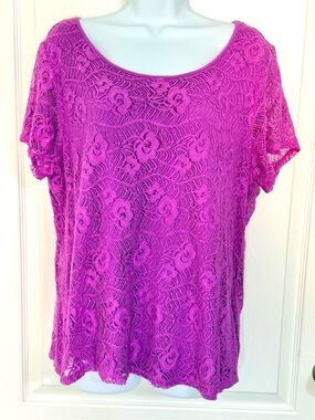 Lea & Nicole Lace Overlay Short Sleeve Top - size XL